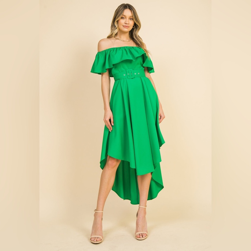 Flying Tomato Off Shoulder- Green Asymmetrical High-Low Sundress
